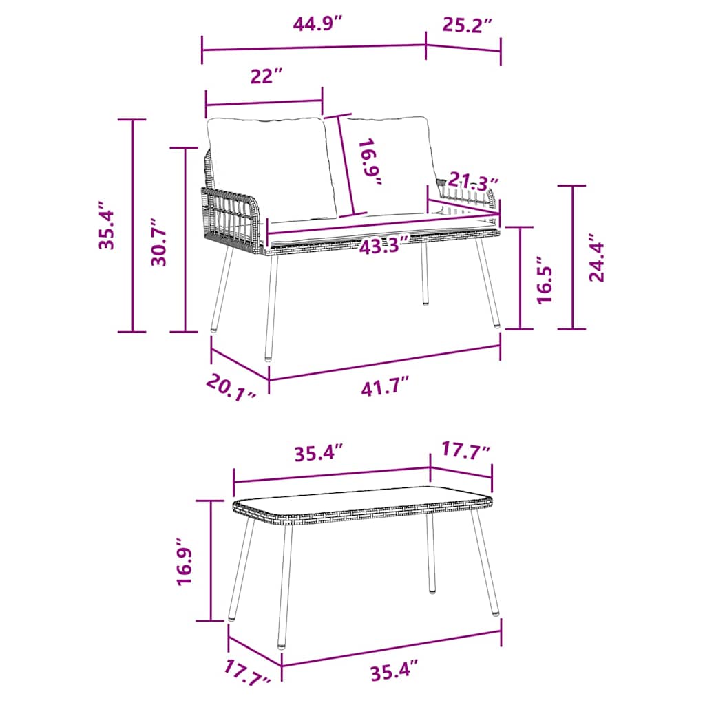 2-teiliges Gartentischset mit Kissen, Schwarz, aus Poly-Rattan